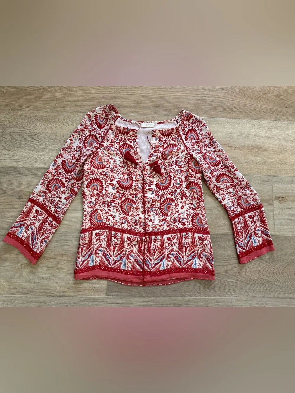 Tory Burch Danika Silk Boho Floral Tassel Tie Neck Tunic Blouse Size 4 Peasant